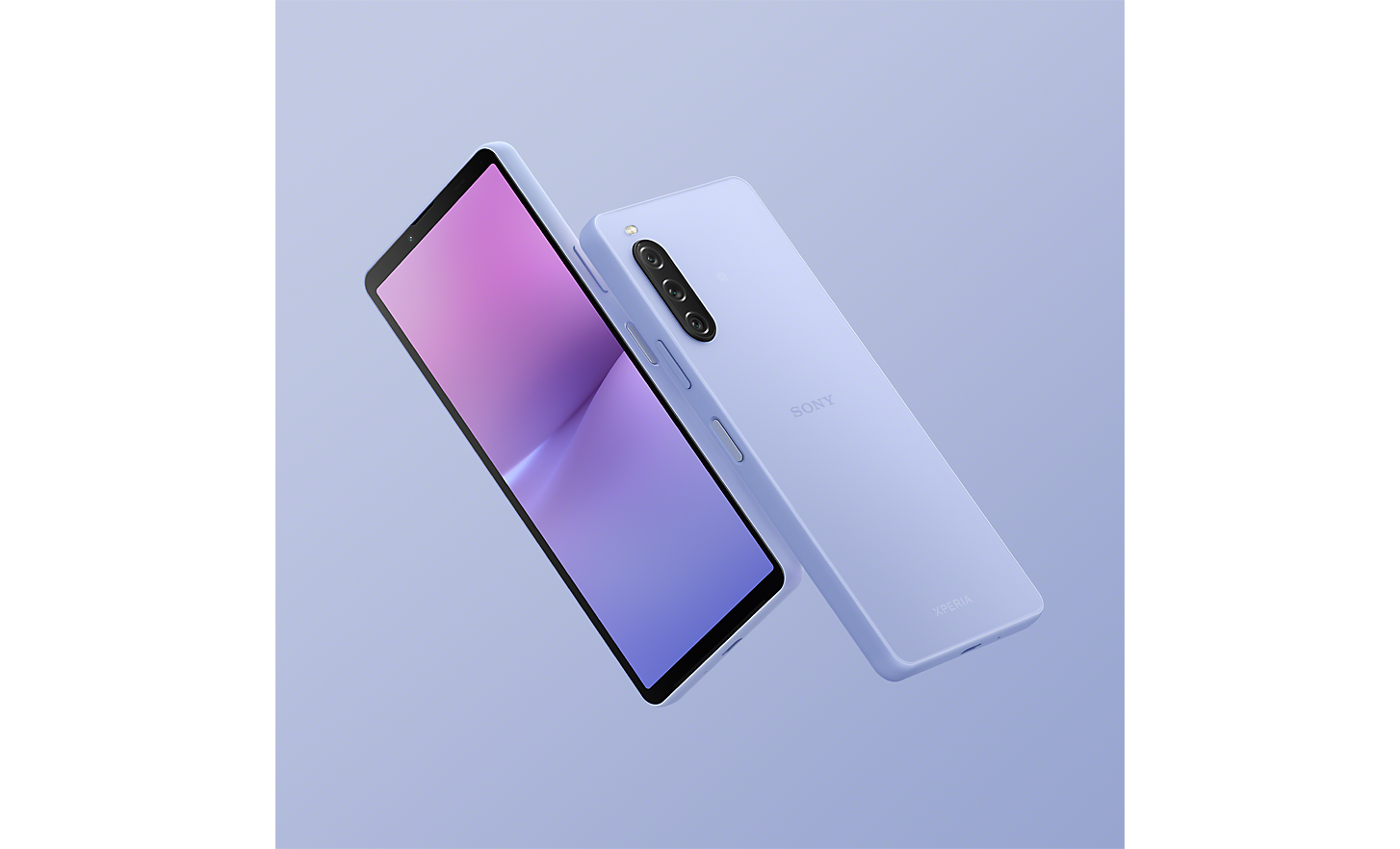 Two Xperia 10 V smartphones in Lavender, one front-facing, one rear-facing