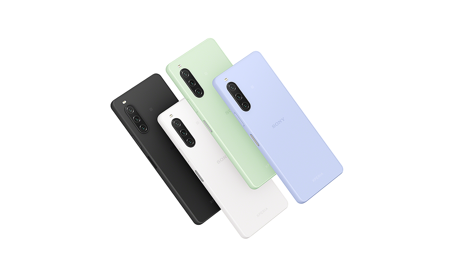 Xperia 10 V-smarttelefoner sett bakfra i svart, hvit, grågrønn og lavendel