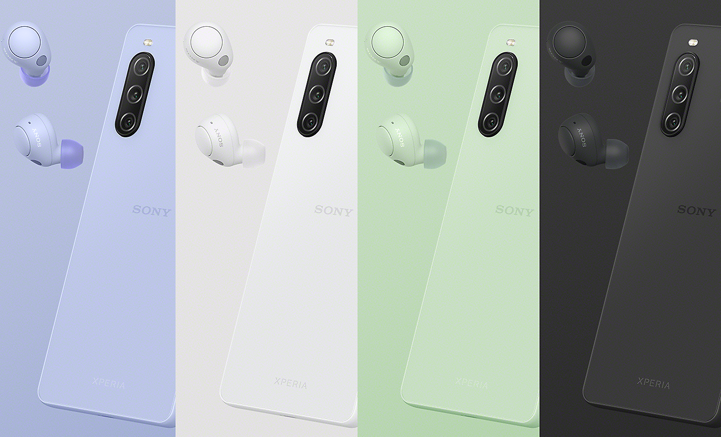 Line-up of images showing Xperia 10 V and matching WF-C700N noise cancelling headphones in Lavender, White, Sage Green, and Black