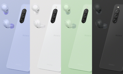 Подборка изображений, показывающих Xperia 10 V и соответствующие наушники с шумоподавлением WF-C700N в цветах лаванда, белый, зеленый шалфей и черный
