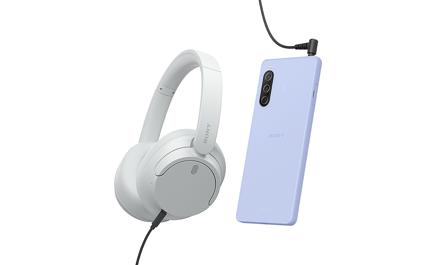 Xperia 10 V in Lavender, connected to wired headphones via the 3.5mm audio jack