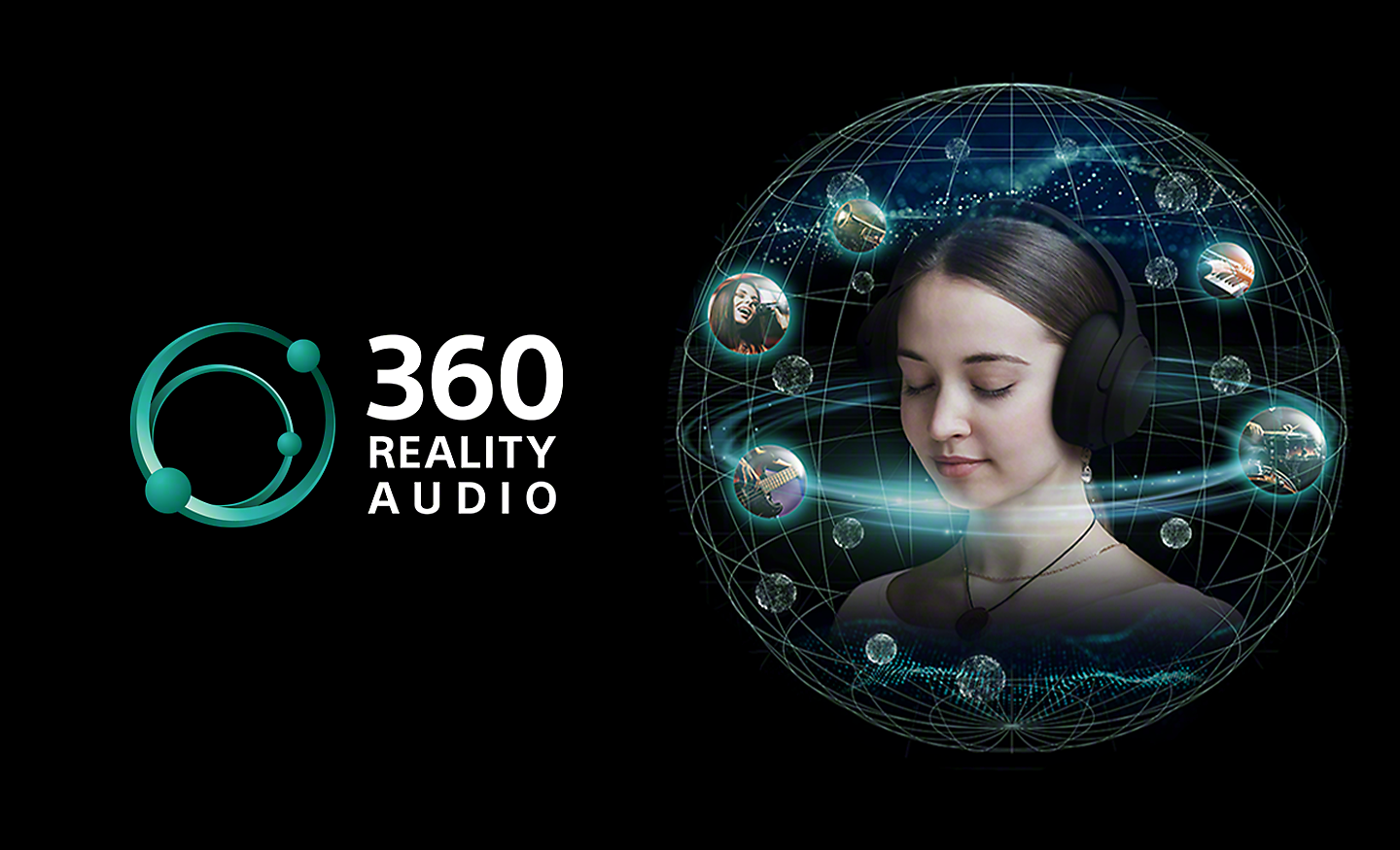 Logo for 360 Reality Audio sammen med et bilde av en kvinne som lytter til musikk. Hodet hennes er omgitt av et utvalg av ulike lyder
