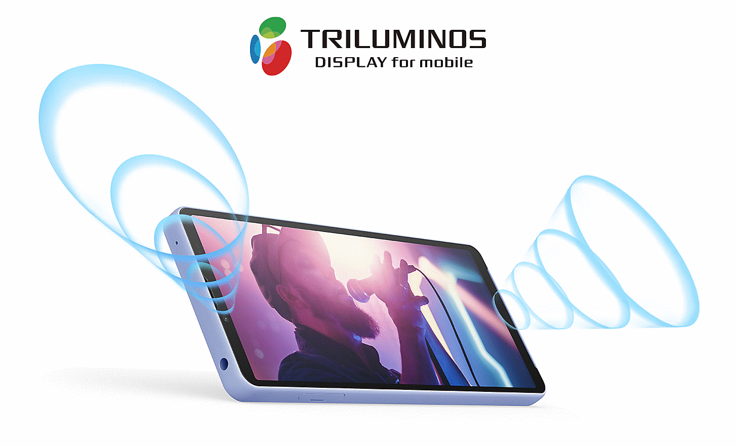 Xperia 10 V 顯示螢幕上的歌手影像，搭配手機揚聲器發出的聲波和原色顯示技術 (TRILUMINOS DISPLAY) 的標誌