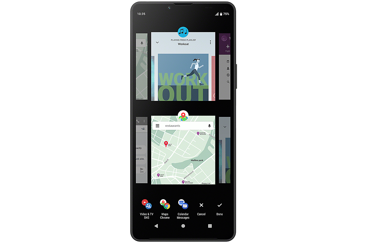 Xperia 手機顯示著多工處理分隔視窗切換使用者介面