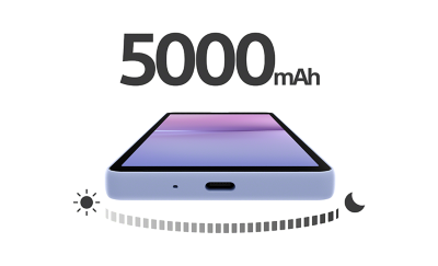 Xperia 10 V màu Oải hương nằm trên bề mặt phẳng. Phía trên là dòng chữ 5000 mAh cỡ lớn. Bên dưới là biểu tượng suốt ngày đêm.