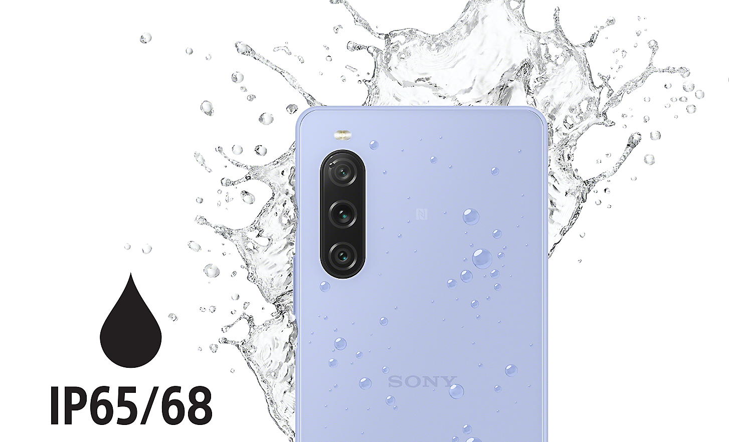Logo for IP65/68 alongside an Xperia 10 V in Lavender being splashed with water
