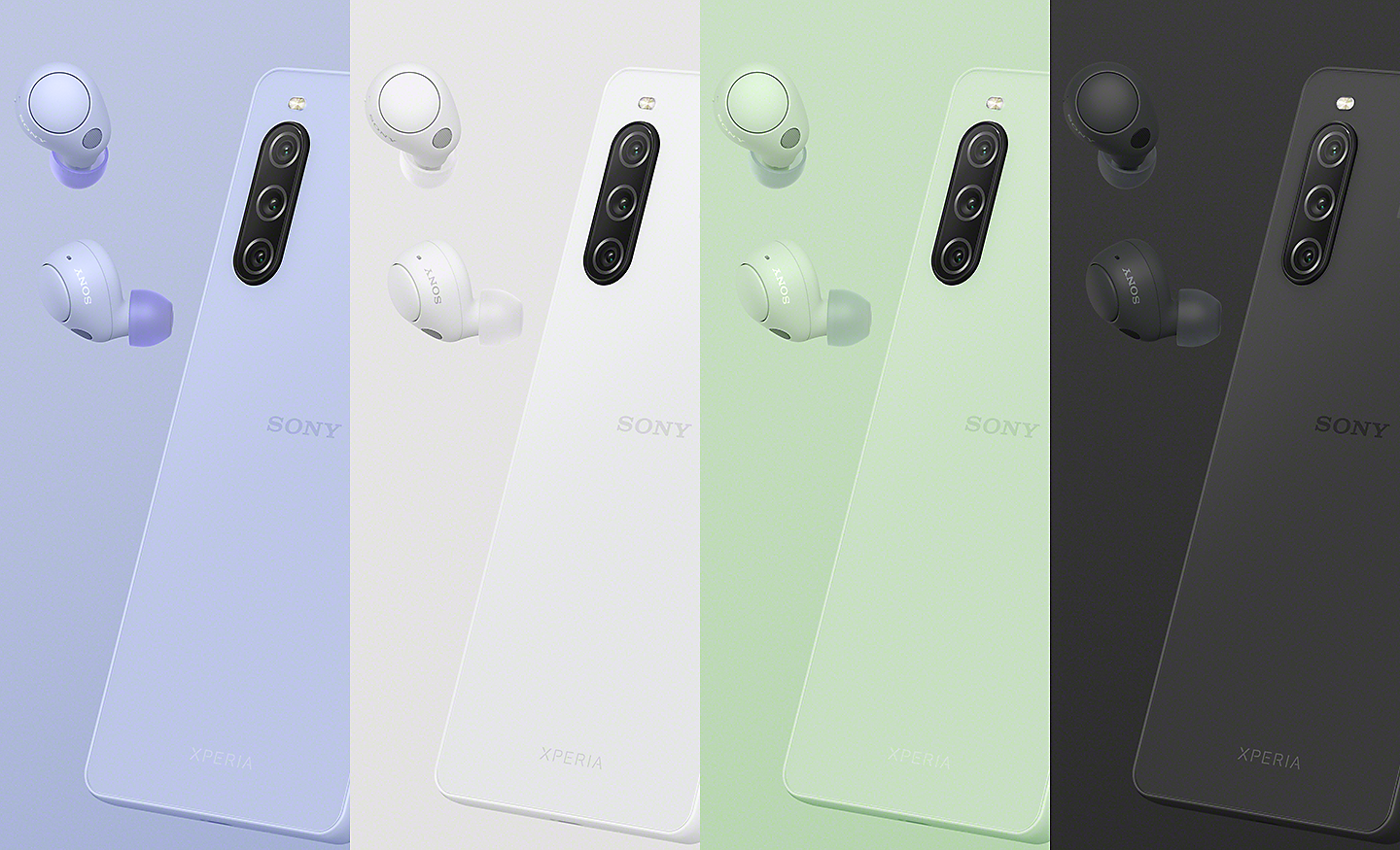Řada snímků ukazující telefon Xperia 10 V a sladěná sluchátka s technologií pro potlačení okolního hluku WF-C700N ve fialovém, bílém, šedozeleném a černém provedení