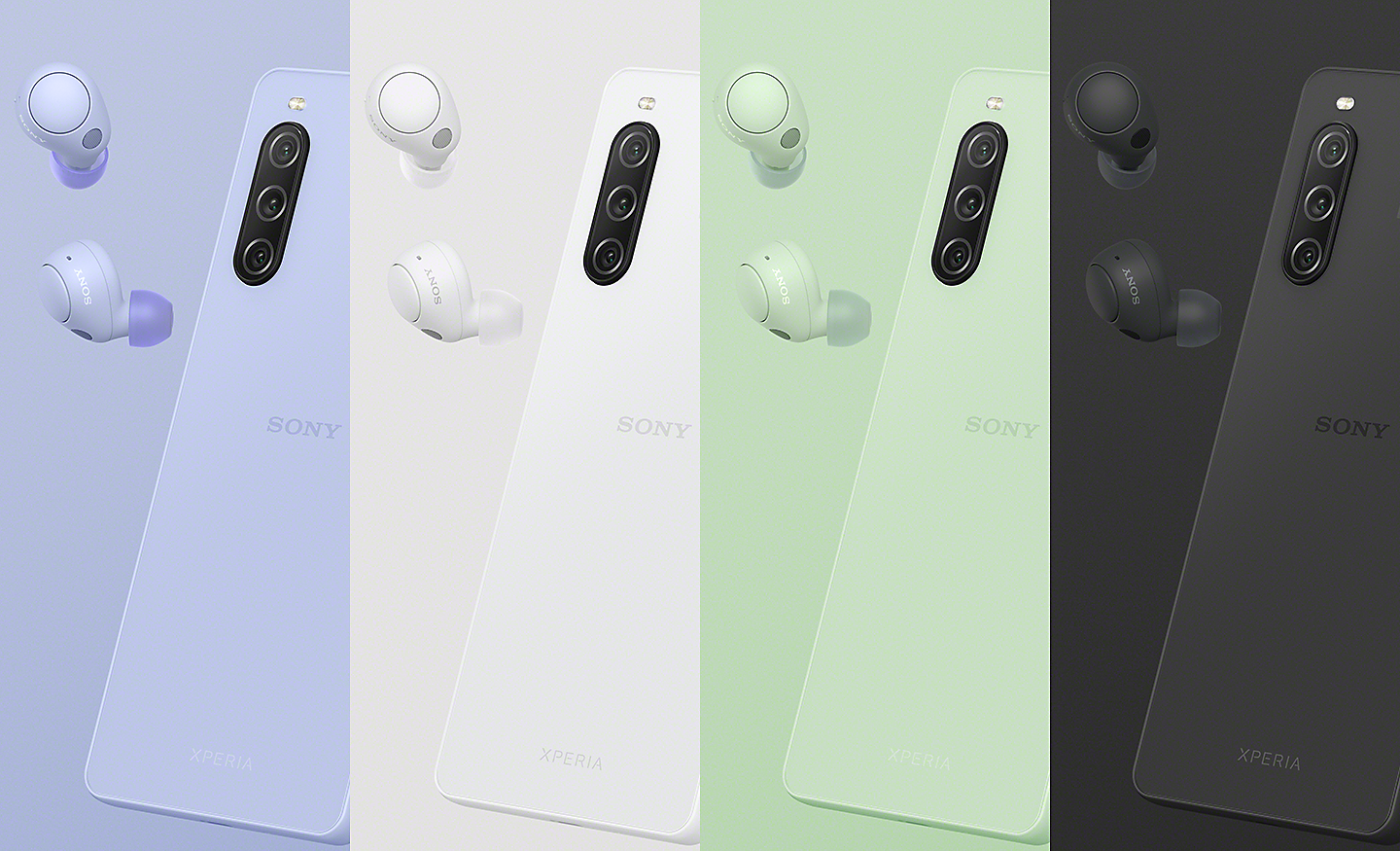 Line-up of images showing Xperia 10 V and matching WF-C700N noise cancelling headphones in Lavender, White, Sage Green, and Black