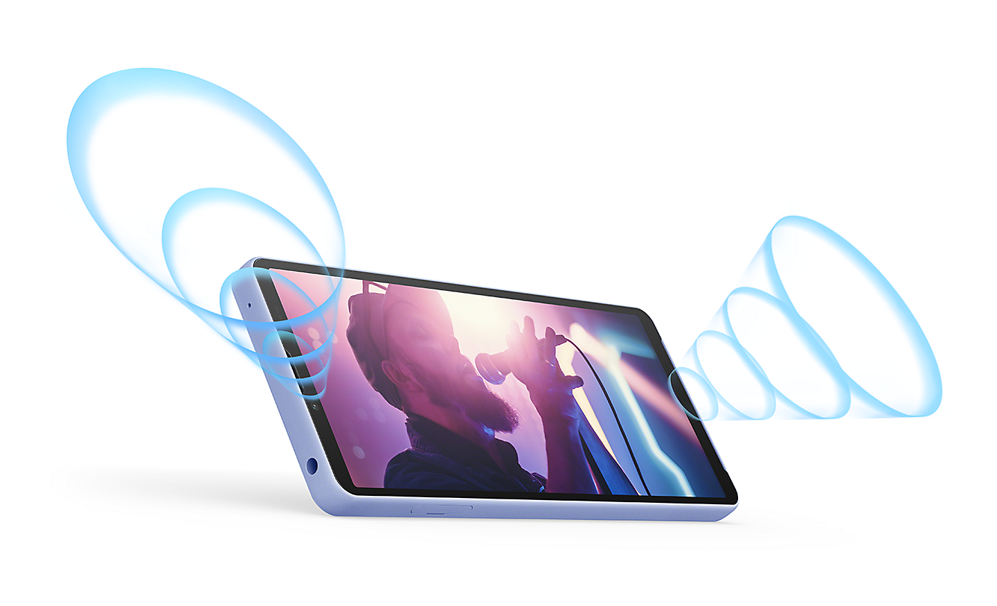 Xperia 10 V in landscape position, displaying an image of a singer. Illustrated blue sound waves radiate from its front stereo speakers.