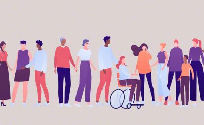 Ilustración inclusiva de un grupo diverso de personas, incluida una persona en silla de ruedas
