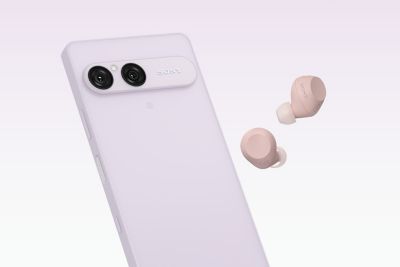 Smartphone Xperia 10 VIII en lila suave con auriculares inalámbricos rosas