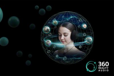 Ilustración conceptual de 360 Reality Audio que muestra un sonido envolvente alrededor de una persona con auriculares puestos
