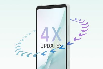 Smartphone Xperia 10 VIII con el texto "4 ACTUALIZACIONES" en pantalla, rodeado de flechas azules y moradas en bucle