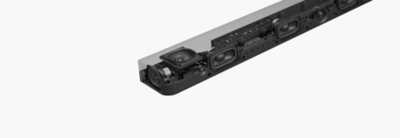 Soundbar 的透視圖，顯示內部揚聲器組件和外殼內的佈局。