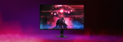 Nuevo monitor para gaming M10S con gráficos de gaming en pantalla; el producto se ve frente a un fondo rosa y morado.
