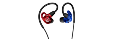 Sony IER-M500 earbuds in blue, and red showing the flexible ear hanger
