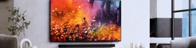  Image of a living room with a Sony TV and Sony soundbar in the centre of the living room