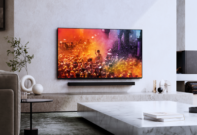  Image of a living room with a Sony TV and Sony soundbar in the centre of the living room