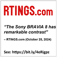 Cita de RTINGS.com en la que elogia al BRAVIA 8 por su notable contraste, con fecha del 25 de octubre del 2024, con un vínculo a la reseña