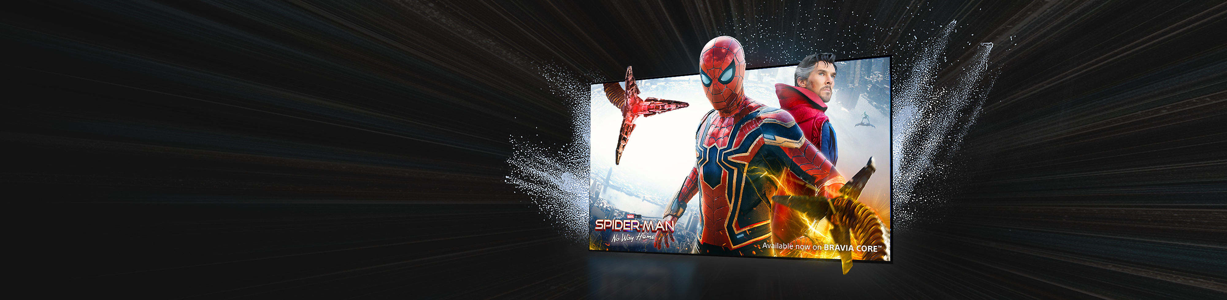 Image d’un téléviseur BRAVIA XR montrant une scène de Spider-Man : Sans retour avec le logo de BRAVIA CORE en dessous