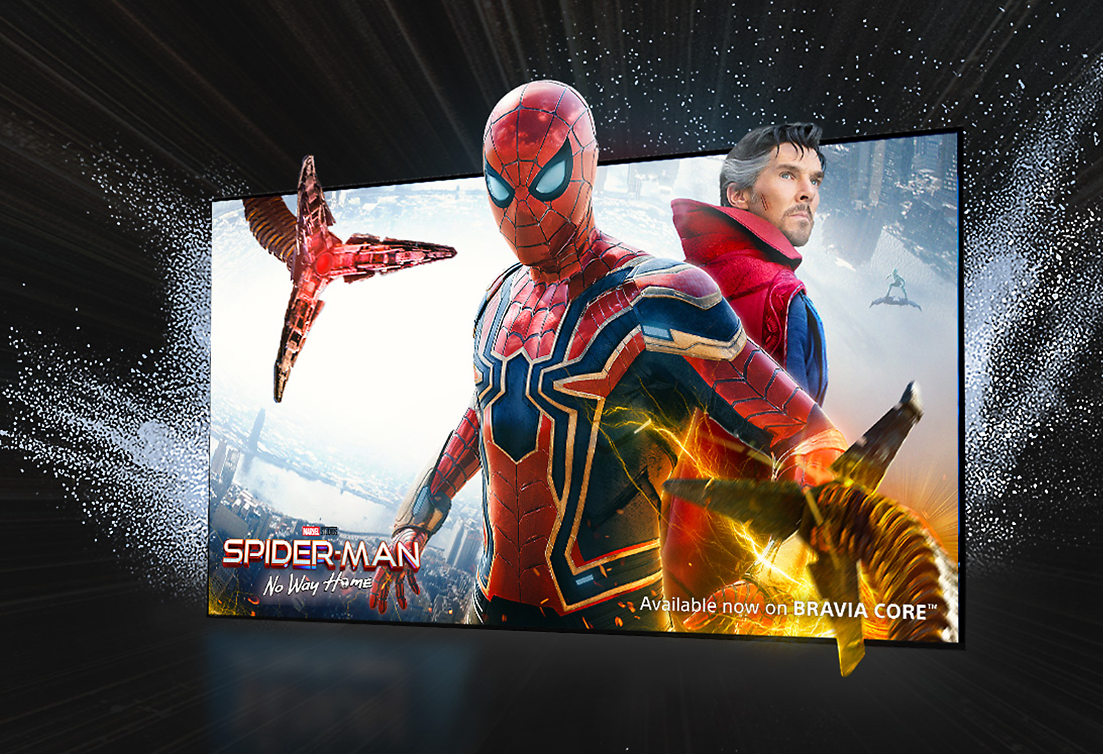 Image d’un téléviseur BRAVIA XR montrant une scène de Spider-Man : Sans retour avec le logo de BRAVIA CORE en dessous