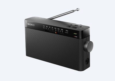 Angled view of black Sony radio