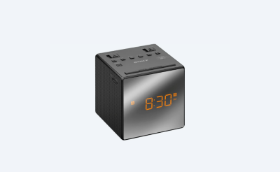 Angled view of black Sony clock radio