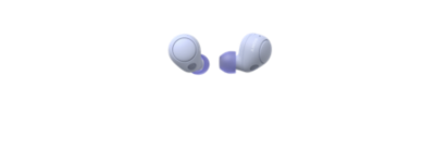 Image of the lavender Sony WF-C700N headphones. One earbud is shot from behind, the other from the side