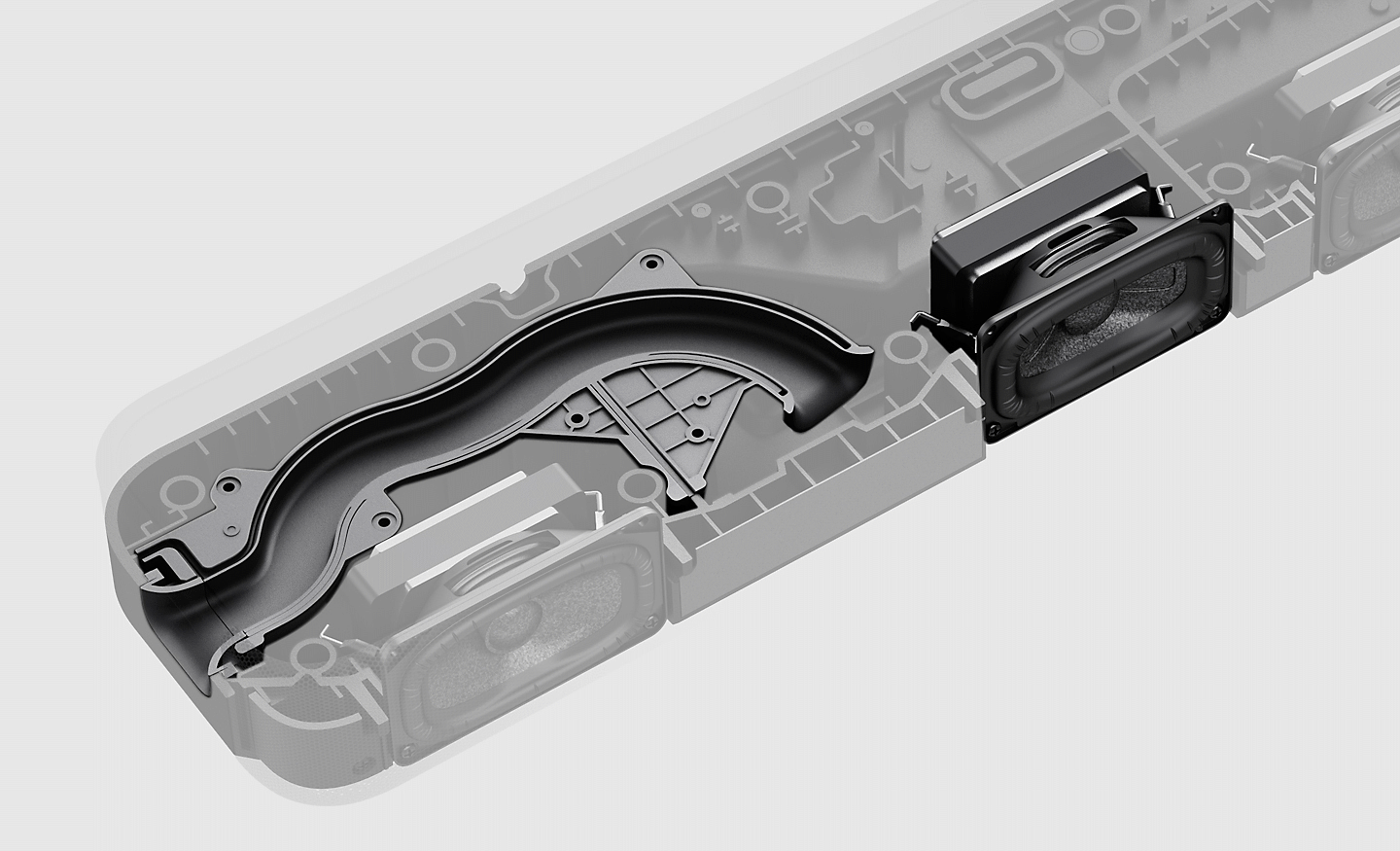 Snímek vnitřních součástí soundbaru HT-S2000 se zaměřením na zvukovod a reproduktor