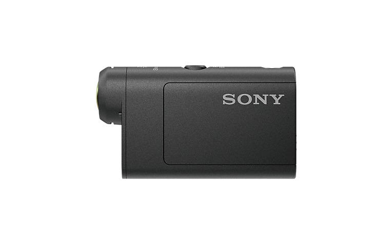 Angled view of black Sony HDR-AS50R action cam