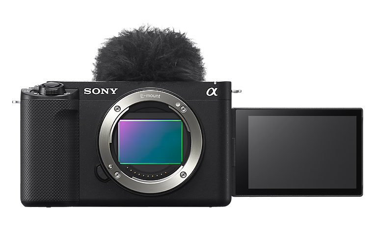 มุมมองด้านหน้าของกล้อง Vlog รุ่น ZV-E1 ของ Sony ที่มีหน้าจอพับ