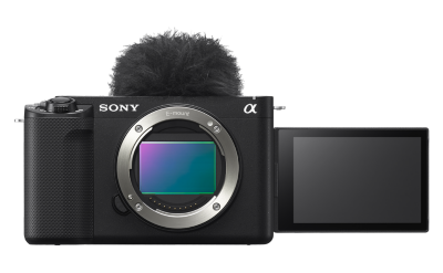 Front view of Sony ZV-E1 vlog camera with flip screen