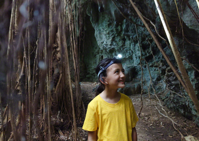 Dziewczyna w żółtej koszulce, z czołówką na głowie, idąca między drzewami a ścianą skalną