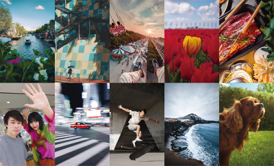 Ảnh ghép từ mười tấm ảnh được xếp thành hai hàng kề nhau, mỗi hàng năm tấm, thể hiện những con thuyền xuôi dòng kênh, một người cầm ô bước ngang bức tường đầy màu sắc, những đôi chân xoay trong không trung trên vòng đu quay lớn, đóa hoa tulip vàng giữa đồng tulip đỏ, đĩa thịt trong khay đặt trên bàn, đôi nam nữ đang chụp ảnh selfie, chiếc taxi đỏ vút đi giữa thành phố mờ ảo, một tay trượt ván phô diễn kỹ thuật, ảnh chụp vách đá lướt sóng trên bãi biển và một chú chó lông vàng chơi trong vườn.