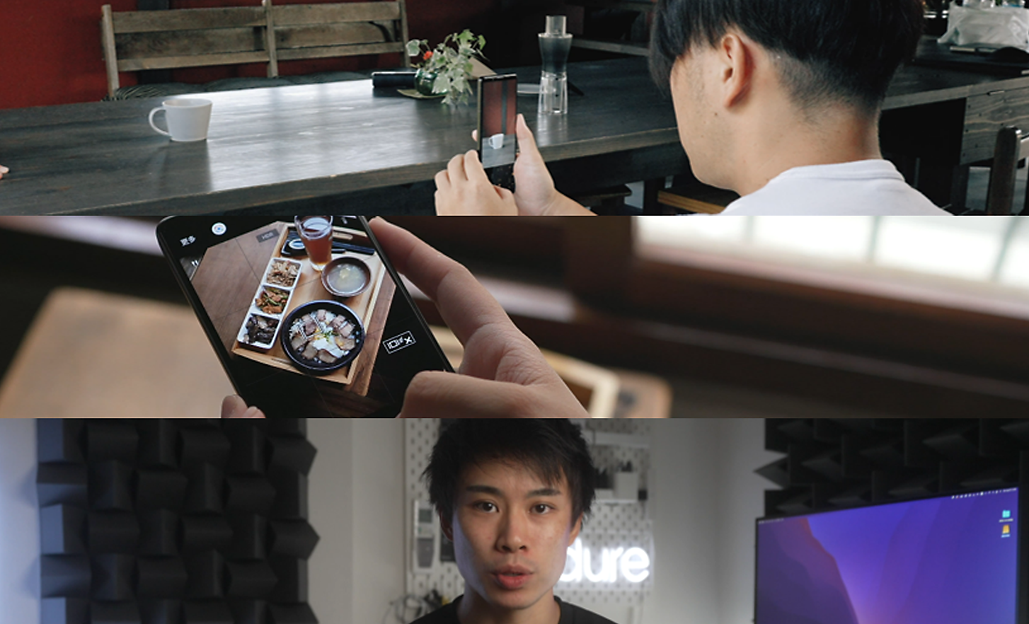 Tri slike: moški fotografira s telefonom Xperia, nekdo gleda sliko na telefonu Xperia in moški gleda neposredno v fotoaparat