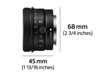 Vue de gauche de l’appareil photo avec dimensions largeur 45 mm (1 13/16 pouces) et hauteur 68 mm (2 3/4 pouces)