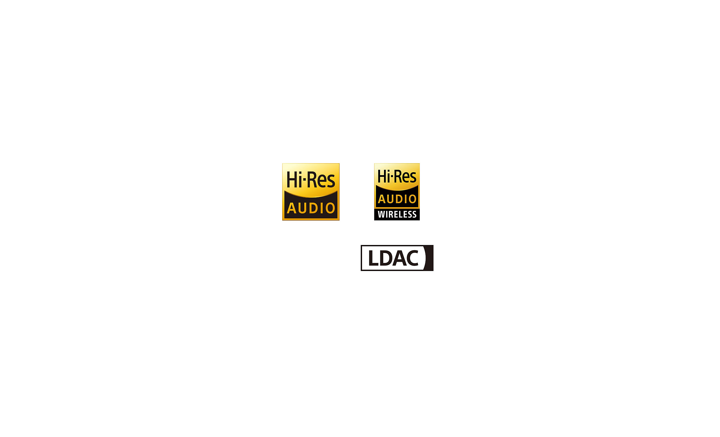„Hi-Res Audio“, „High-Res Audio Wireless“ ir LDAC logotipai.
