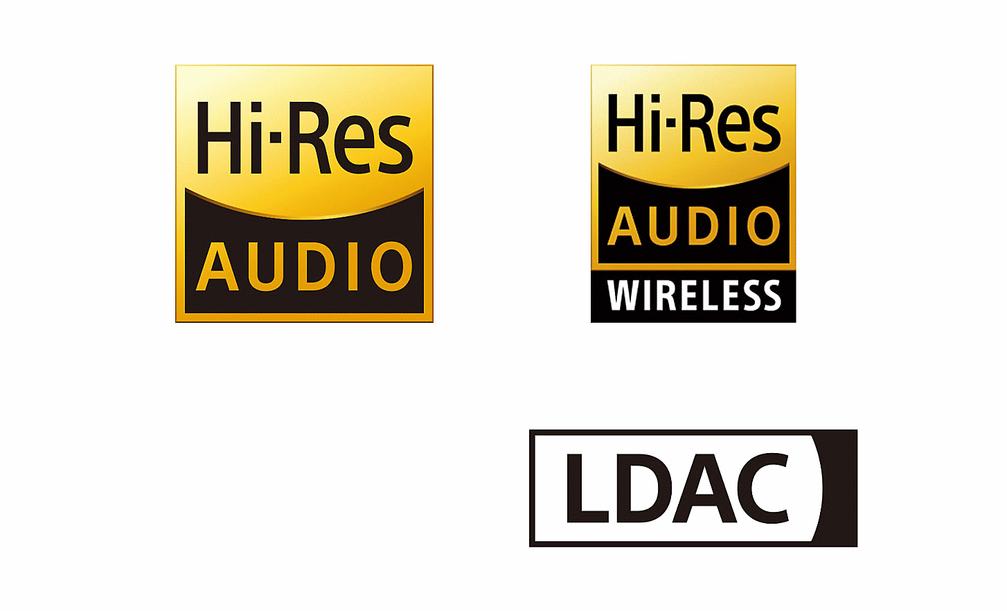 Logoer for Hi-Res Audio, High-Res Audio Wireless og LDAC.