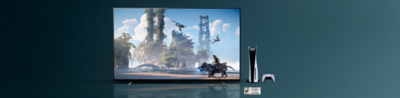 Escena del juego Horizon Forbidden West™ en un TV BRAVIA TV con una consola PS5™ y el mando al lado