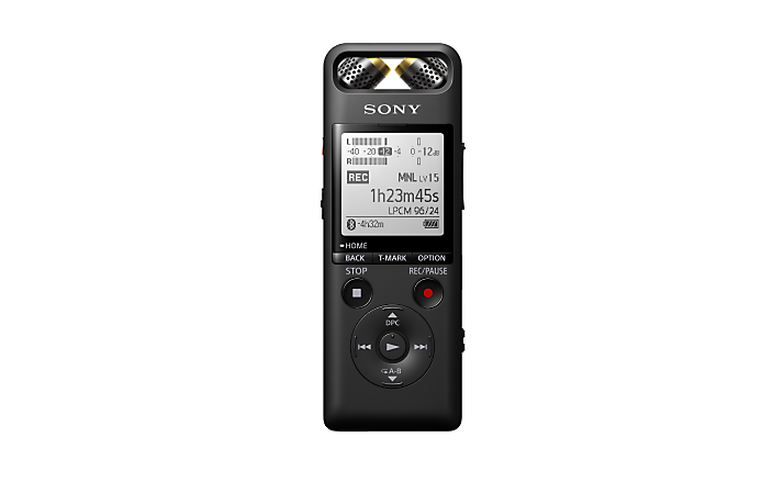 Front view of black music recorder on white background