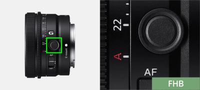 Imagen del producto que muestra la posición del botón de fijación de enfoque en la lente