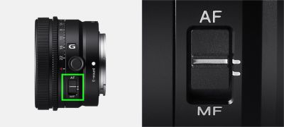 Imagem de produto a mostrar a posição do interruptor do Modo de focagem na lente