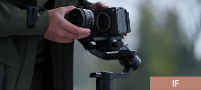 Product image illustrating shooting with lens mounted on a gimbal
