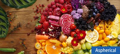 Záber farebnej zeleniny a ovocia vytvorený týmto objektívom vo vysokom rozlíšení v každom rohu