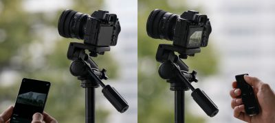 Imágenes de la cámara en uso con un control remoto RMT-P1BT e Imaging Edge Mobile en un teléfono celular