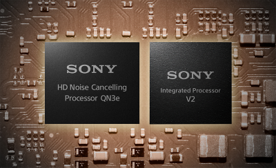 兩個黑色方塊疊加在晶片圖像上，內含文字「Sony HD 降噪處理器 QN3e」及「Sony 整合式處理器 V2」。