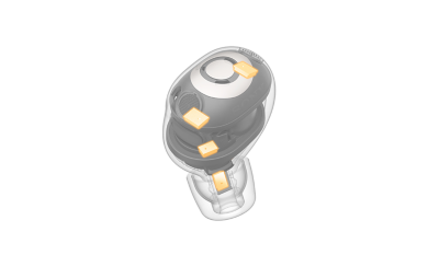 상단에 작은 섹션 4개가 노란색으로 강조 표시된 투명 이어버드 다이어그램.