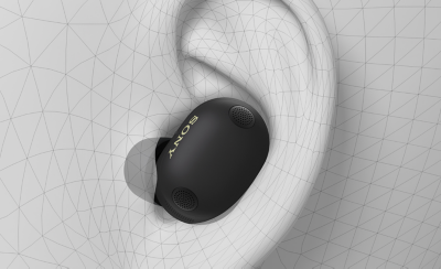 模擬影像顯示了橢圓形 Sony 耳塞式耳機放在左耳中。