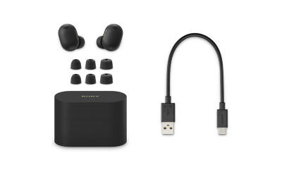 흰색 배경에 블랙 타원형 이어버드 케이스와 이어버드가 있고. 그 옆에는 세 쌍의 블랙 이어버드 팁과 USB-C 충전 와이어가 있습니다.