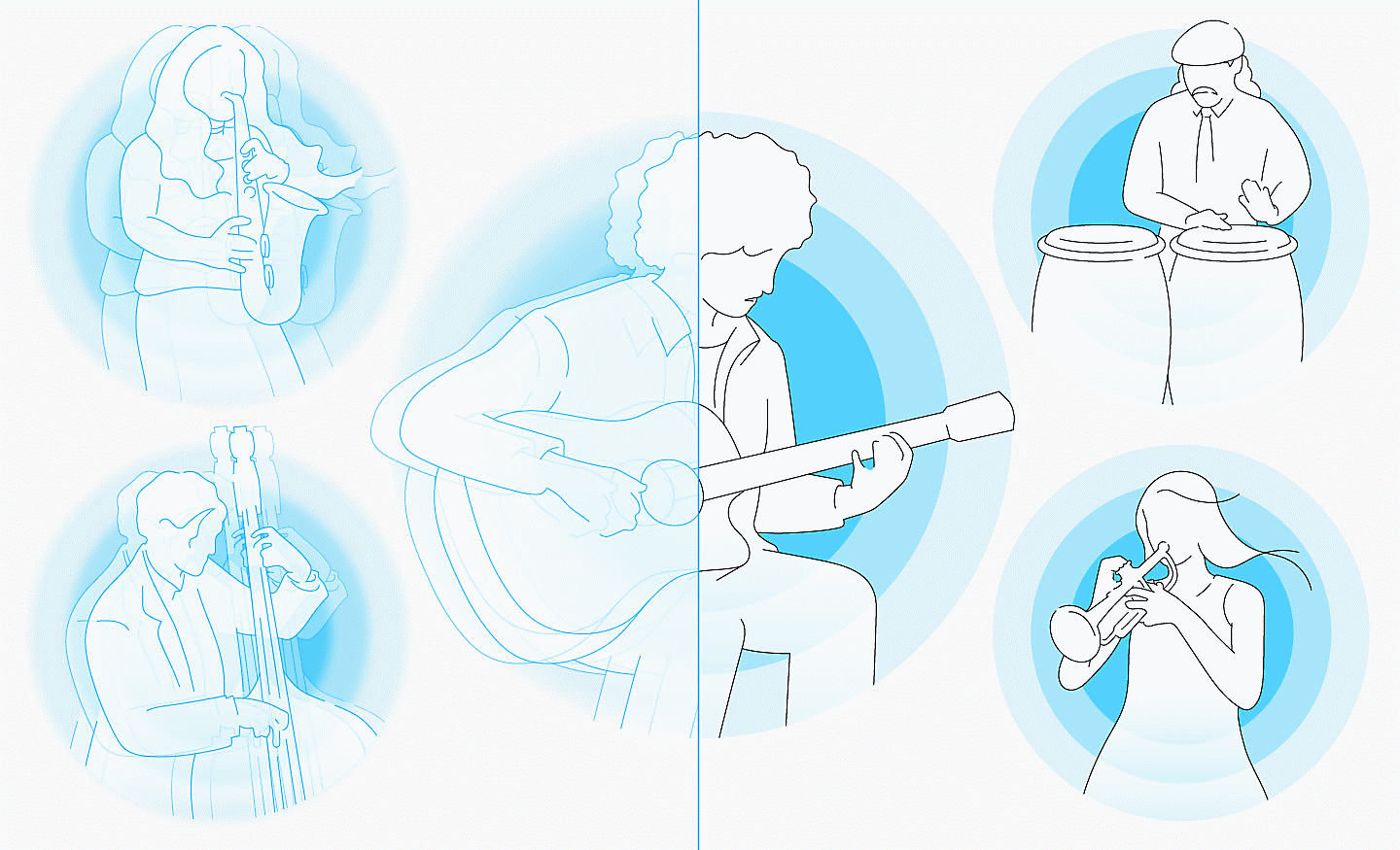 Slika na kojoj ljudi sviraju muzičke instrumente dok se iza njih vide plavi krugovi, leva strana je zamućena, a desna je jasna